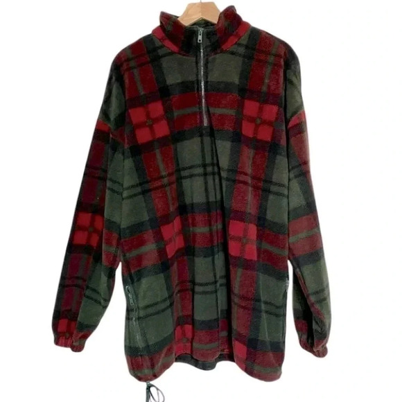 Vintage Fieldmaster XLTall green red black plaid 1/4 zip pull over fleece top - Picture 2 of 4
